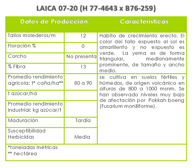 LAICA 07-20 Se adapta bien en suelos fértiles y húmedos, de origen volcánico en alturas de 800 a 1000 msnm. Se han observado niveles muy bajo de afectación por  Pokkah boeng (Fusarium moniliforme). Variedad de maduración tardía.