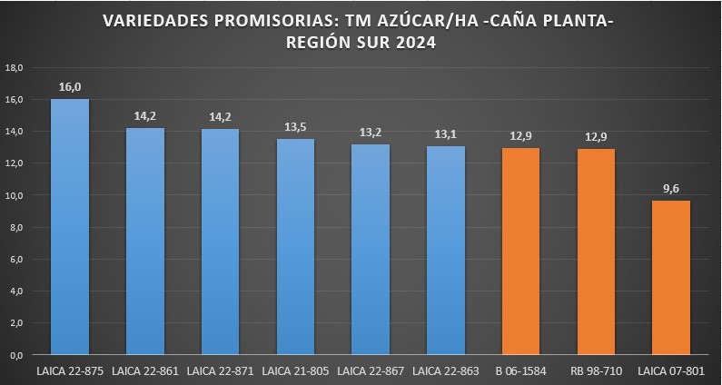 Rendimiento agroindustrial (t azúcar/ha). Variedades promisorias. 2024