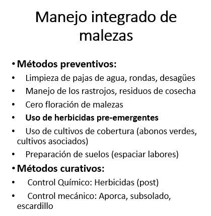 El manejo integrado de malezas consiste en integrar o combinar distintos tipos de estrategias que sumen y hagan más efectivo el control. En esta imagen se resumen las principales estrategias a utilizar según cada condición particular de finca.